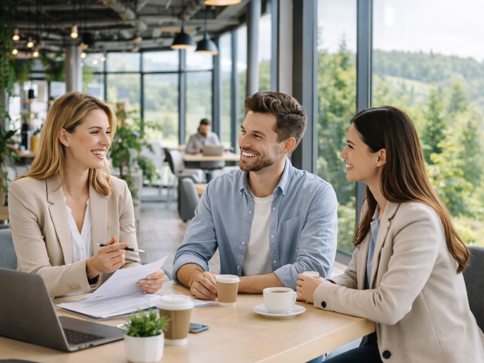 Drei Personen im Geschäftsmeeting in modernem Coworking-Büro mit Blick ins Grüne