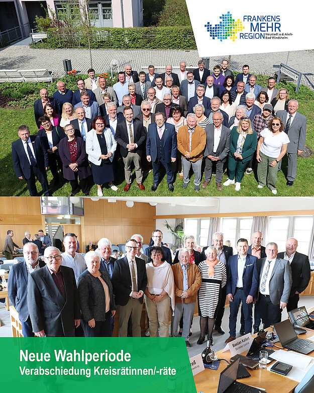 Collage zweier Fotos mit jeweils vielen Personen.Titel: Neue Wahlperiode - Kreistagsmitglieder verabschiedet