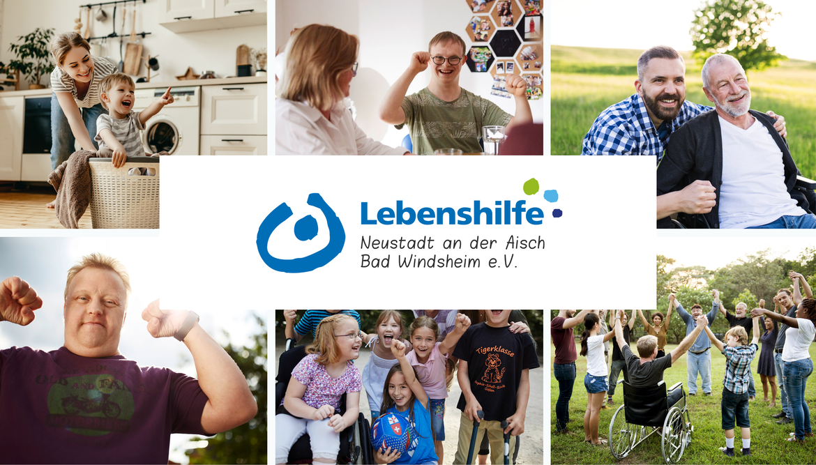 Collage mit dem Logo der Lebenshilfe Neustadt an der Aisch – Bad Windsheim e.V. und Fotos von Menschen mit und ohne Behinderung in verschiedenen Alltagssituationen, Arbeit, Freizeit und Gemeinschaft.