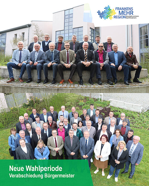 Collage zweier Fotos mit jeweils vielen Personen.Titel: Neue Wahlperiode - Bürgermeister verabschiedet