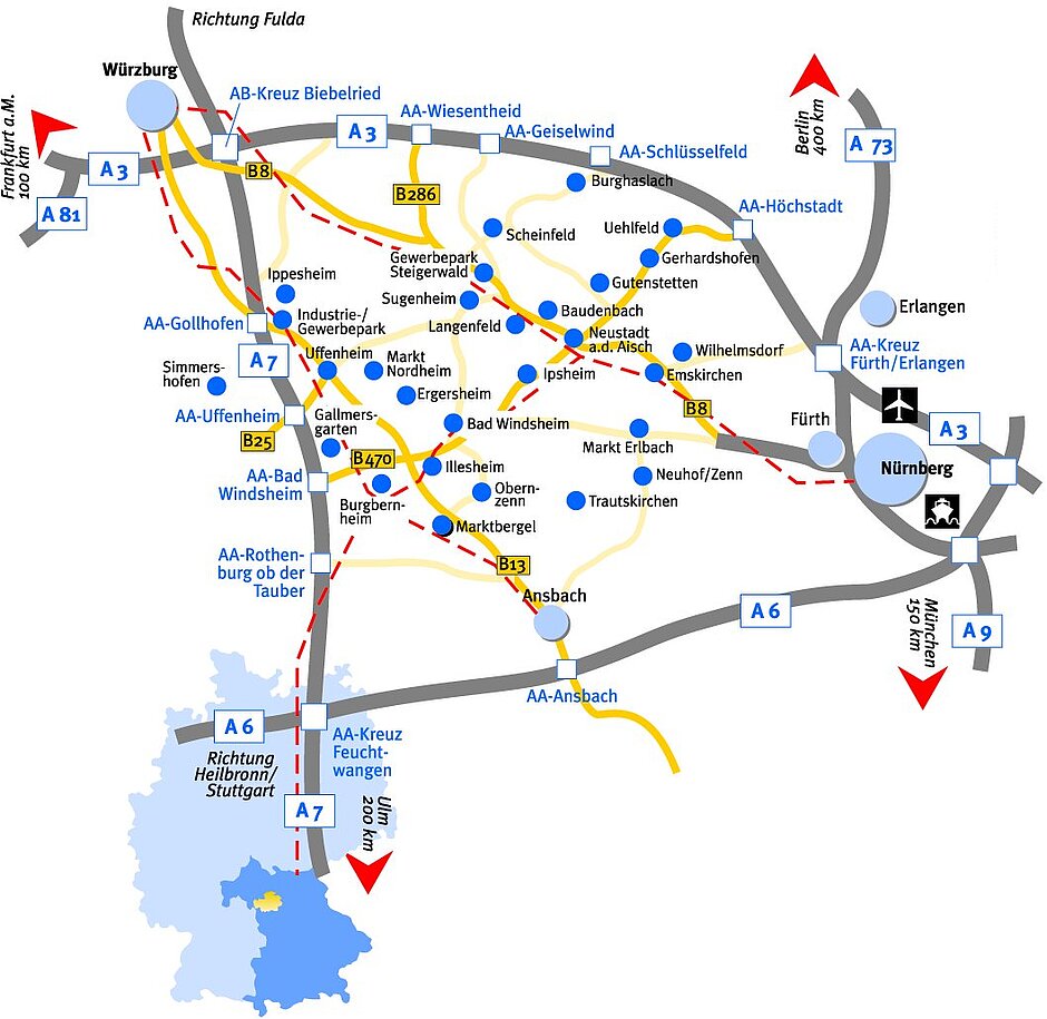 Karte Standort Frankens Mehrregion - Straßen, Gemeinden, Lage in Deutschland, Anbindung an die Ballungszentren.